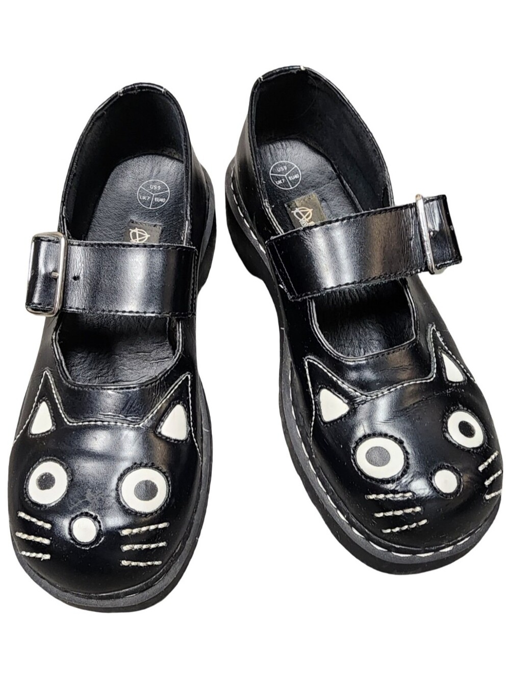 T.U.K. Black Leather Kitty Cat Mary Jane Platform Shoes Women's Size 9
